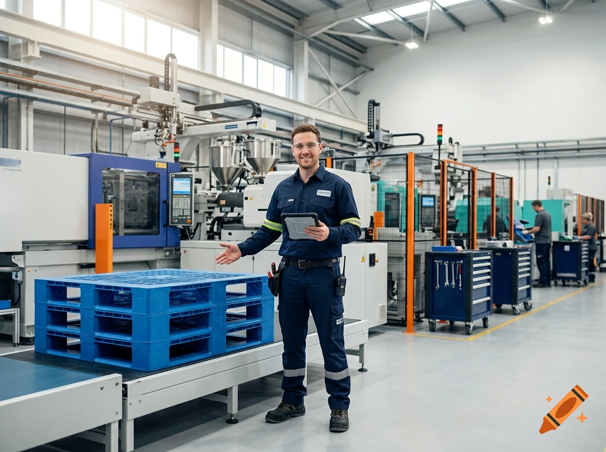 Photorealistic image of a machine operator standing in a brightly lit industrial factory with blue plastic pallets.