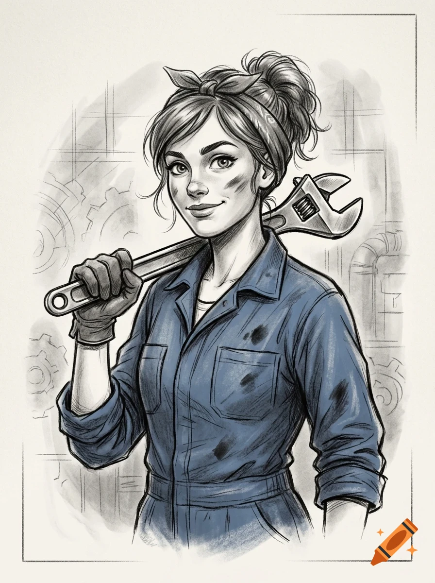 A black and white sketch with blue highlights of a smiling woman in work coveralls holding a large wrench across her shoulder.