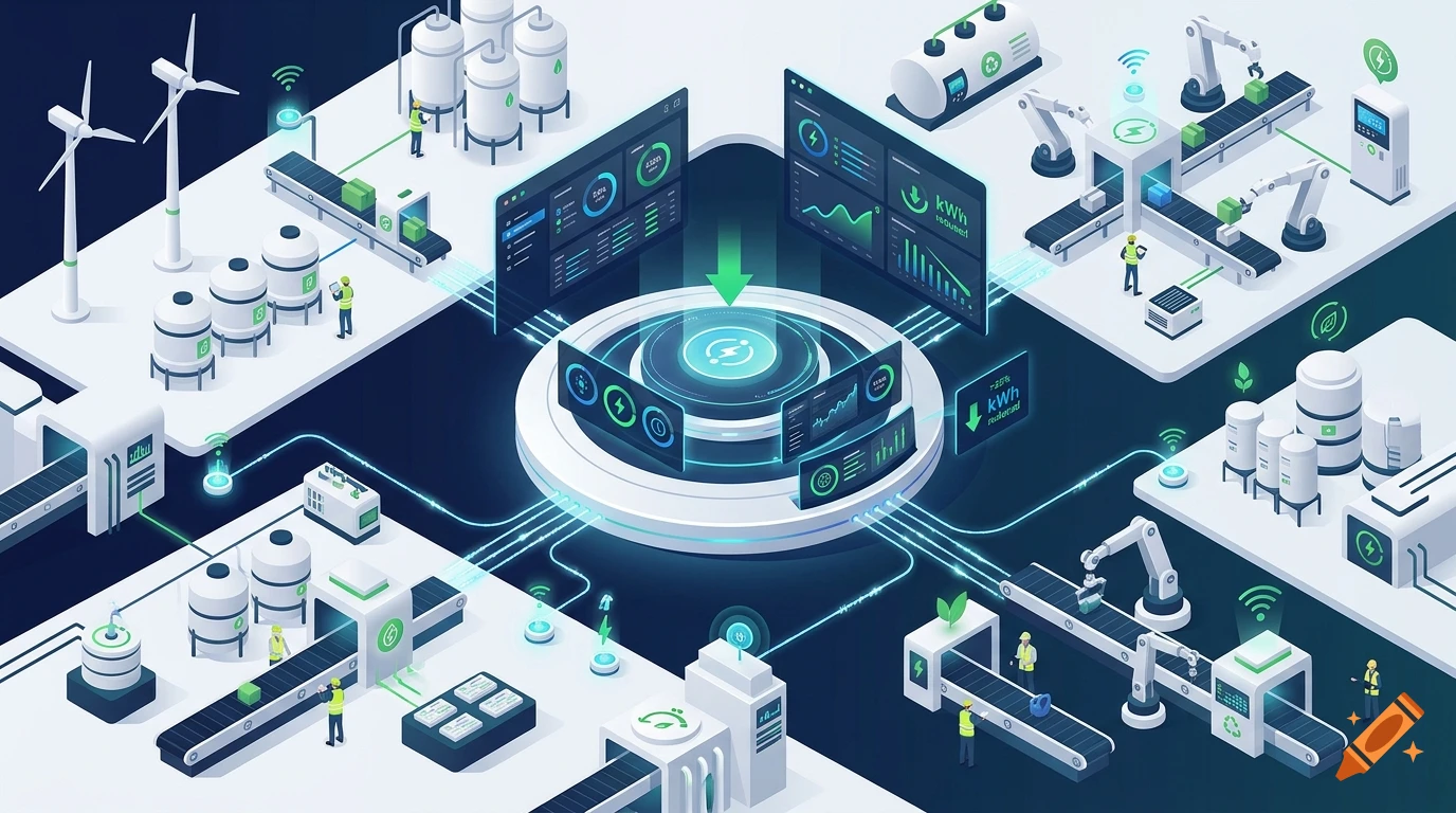 Isometric illustration of an intelligent sensor platform and automated industrial factory reducing energy consumption.
