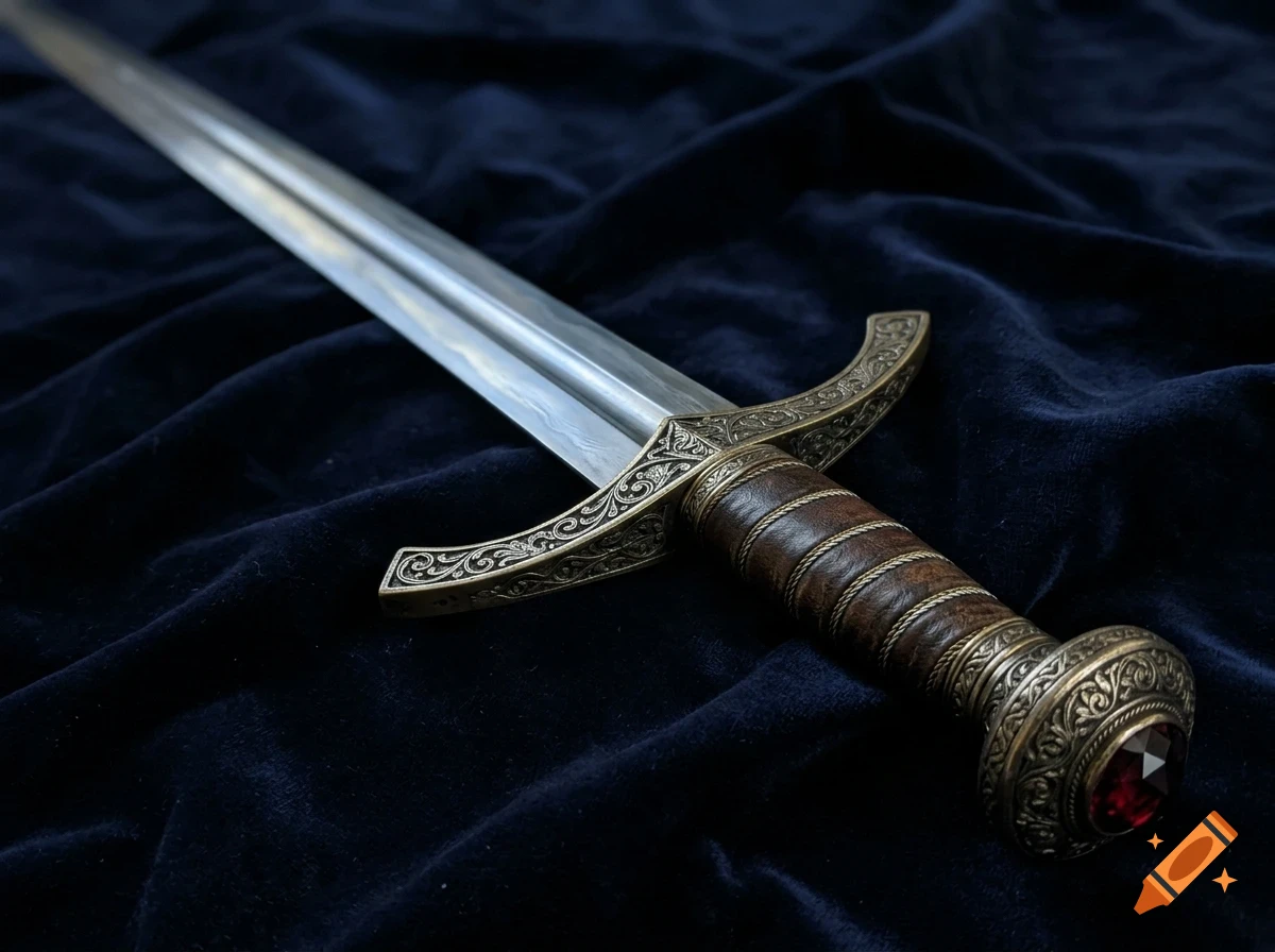 A detailed sword with an ornate hilt, wrapped leather handle, and a red jewel pommel rests on a dark blue velvet fabric.