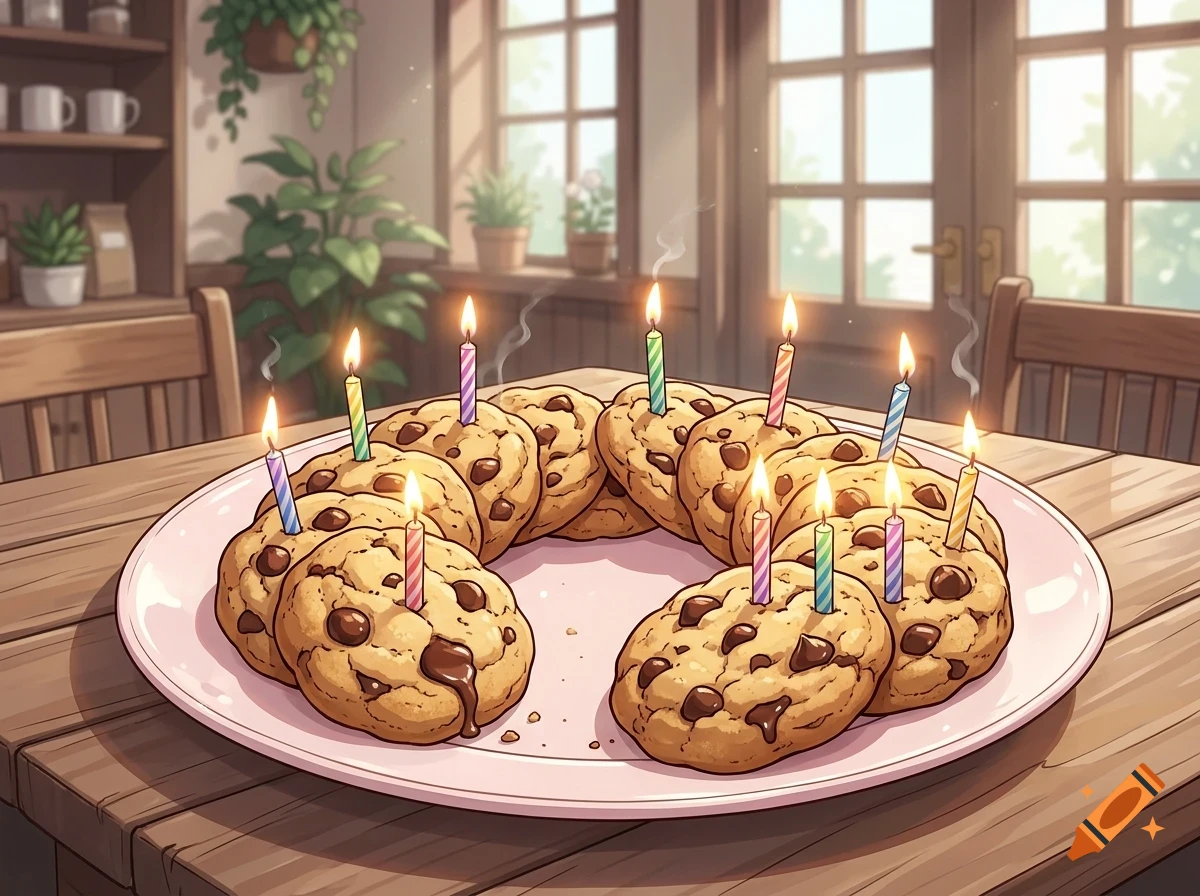 A large ring of chocolate chip cookies arranged on a pink plate with lit birthday candles sticking out of them, set on a wooden table inside a cozy kitchen.
