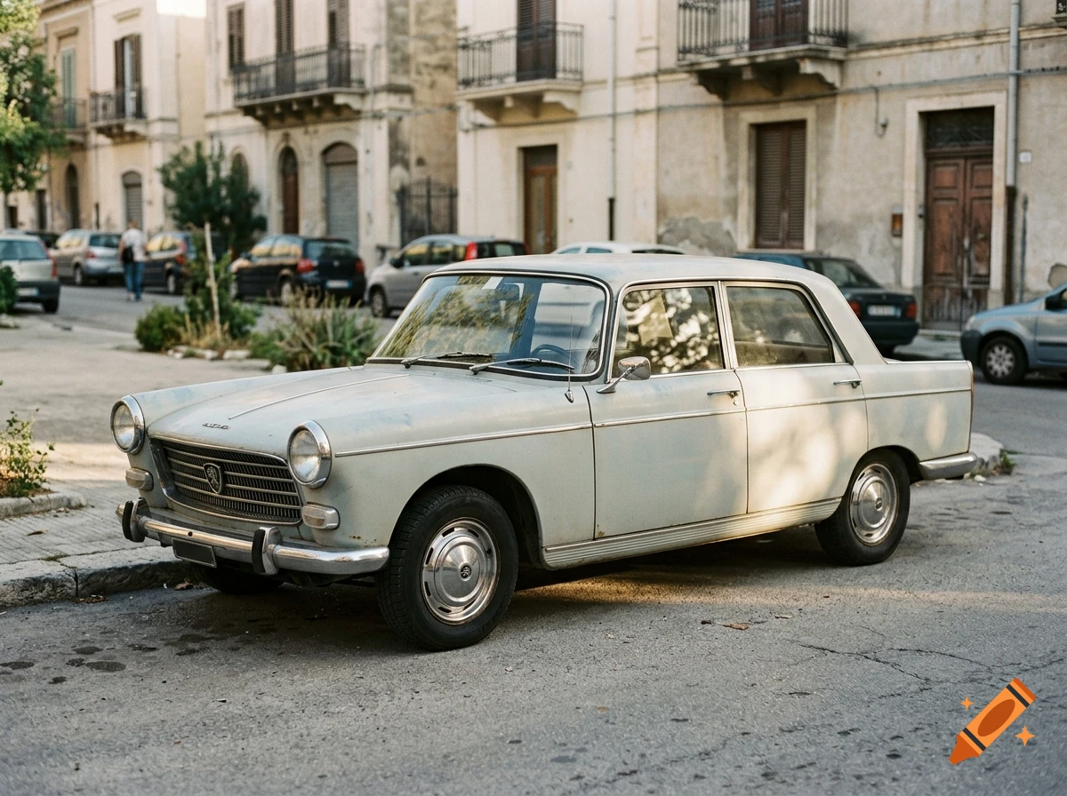 A vintage light blue Peugeot 404 sedan parked on an asphalt street in front of old European buildings.