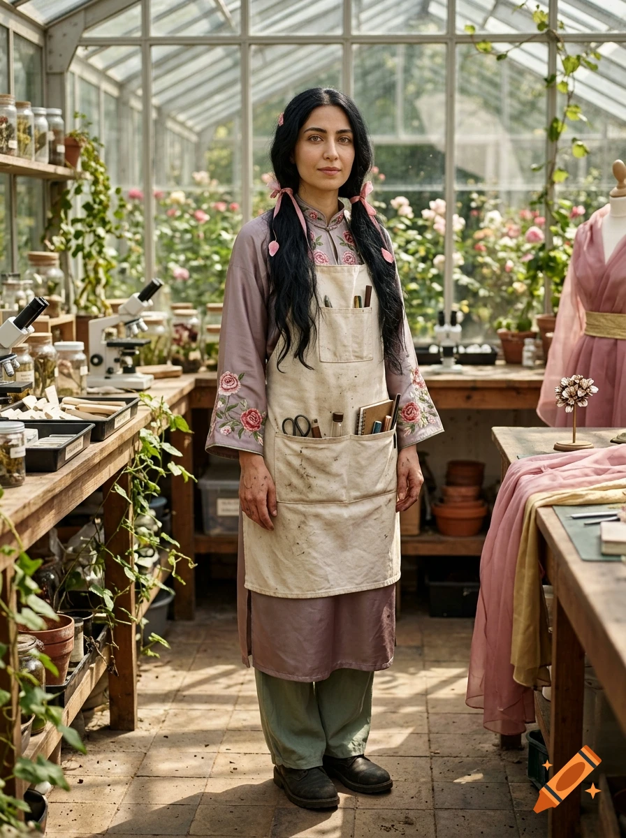 Photorealistic portrait of a woman in a greenhouse wearing an apron and holding botanical tools.