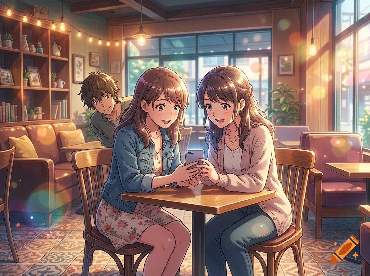 Two smiling women seated at a cafe table looking at a smartphone, while a man looks over one of their shoulders in an anime style.