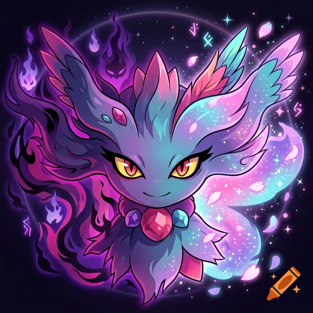 A digital illustration of a mystical creature with glowing pink and blue wings, yellow eyes, and purple flames in the background.
