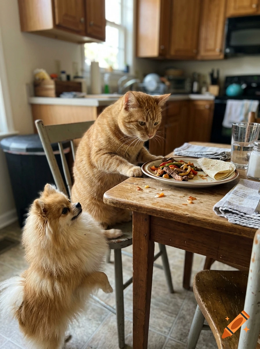 Photorealistic image of an orange cat sitting at a kitchen table eating fajitas while a Pomeranian dog looks up jealously.
