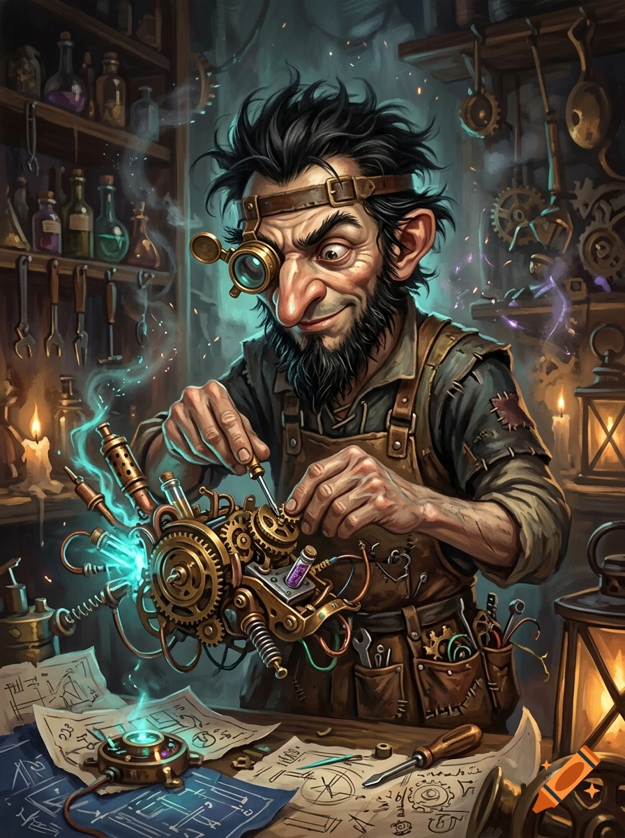 Digital painting of a quirky inventor with a magnifying monocle meticulously crafting a complex steampunk contraption in his workshop.