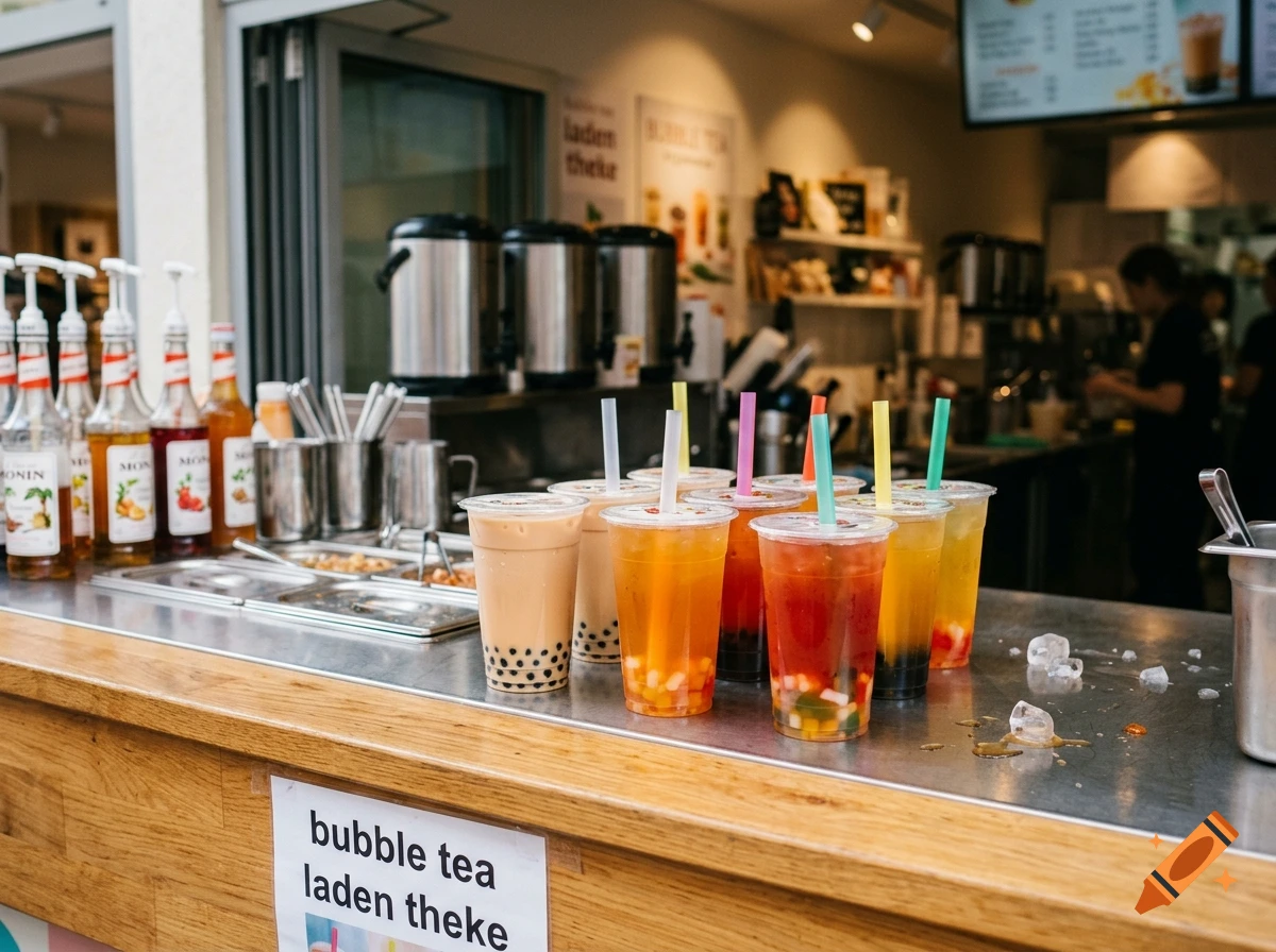 Photorealistic shot of a counter in a bubble tea shop with various cups of boba tea and syrup bottles.