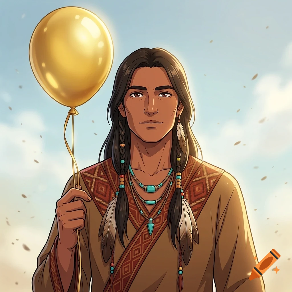 An illustrated portrait of a person with long dark hair, braided sections, and beaded necklaces, holding a golden balloon against a soft sky background.