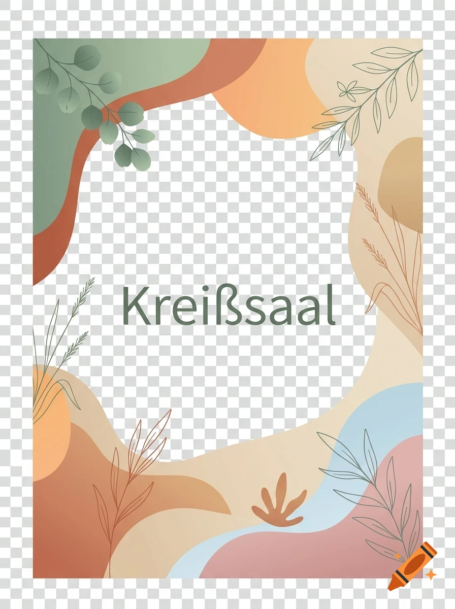 An abstract botanical frame in muted earthy tones featuring organic shapes, leaves, and the German text "Kreißsaal" in the center.