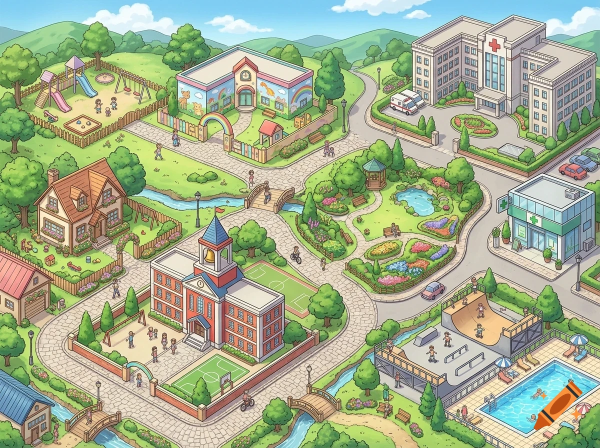 An illustrated, isometric view of a vibrant town featuring buildings like a school, hospital, houses, parks, a skatepark, and a swimming pool, connected by roads and pathways.