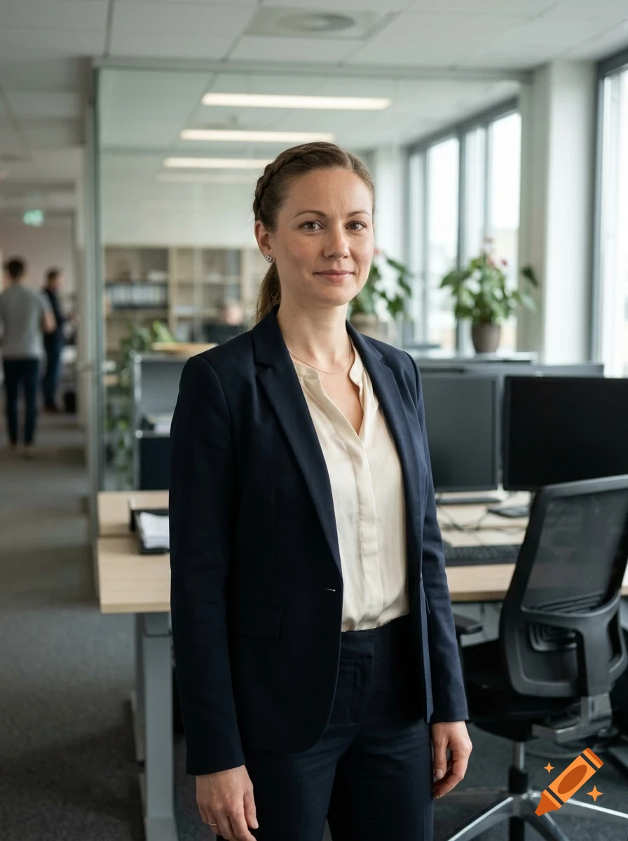 A professional woman in a dark blazer and light blouse standing in an office.