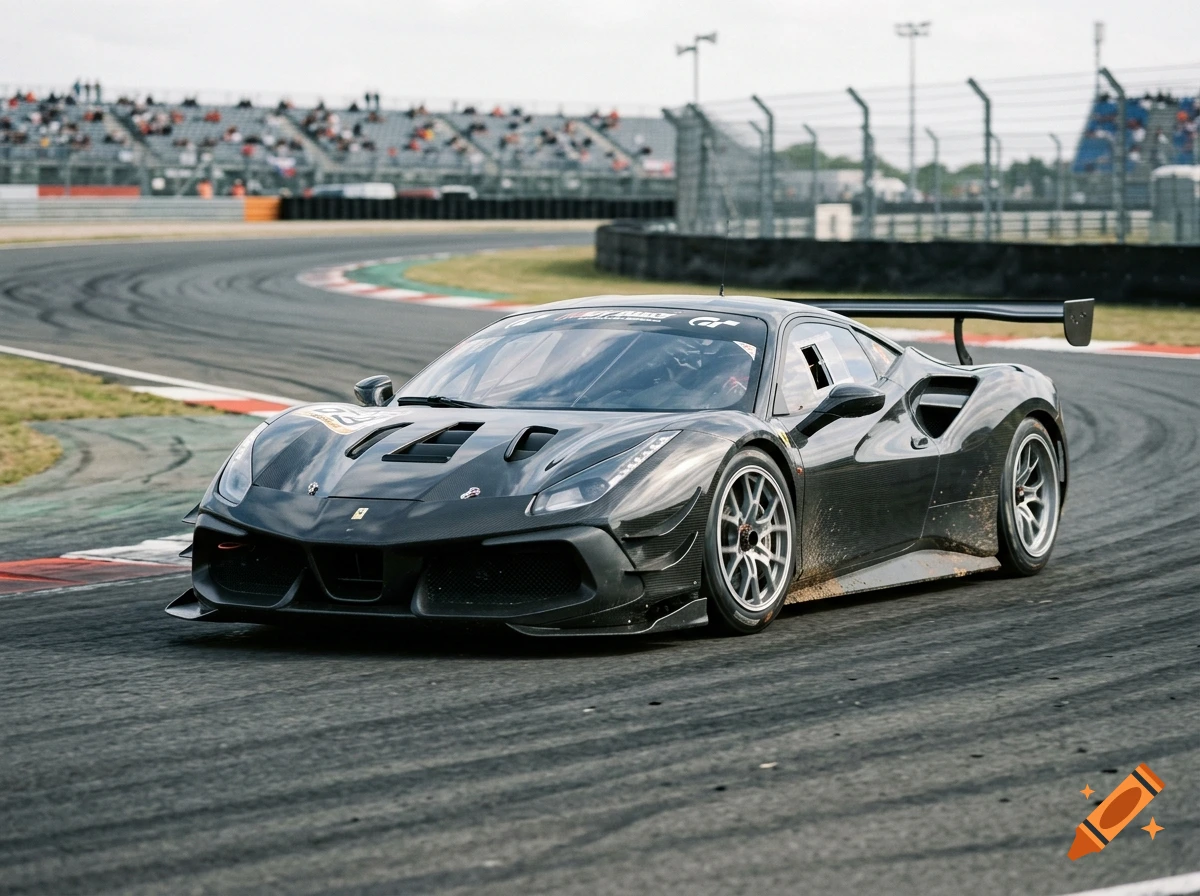 Photorealistic shot of a dark grey racing car drifting on a track corner with spectators in the background.