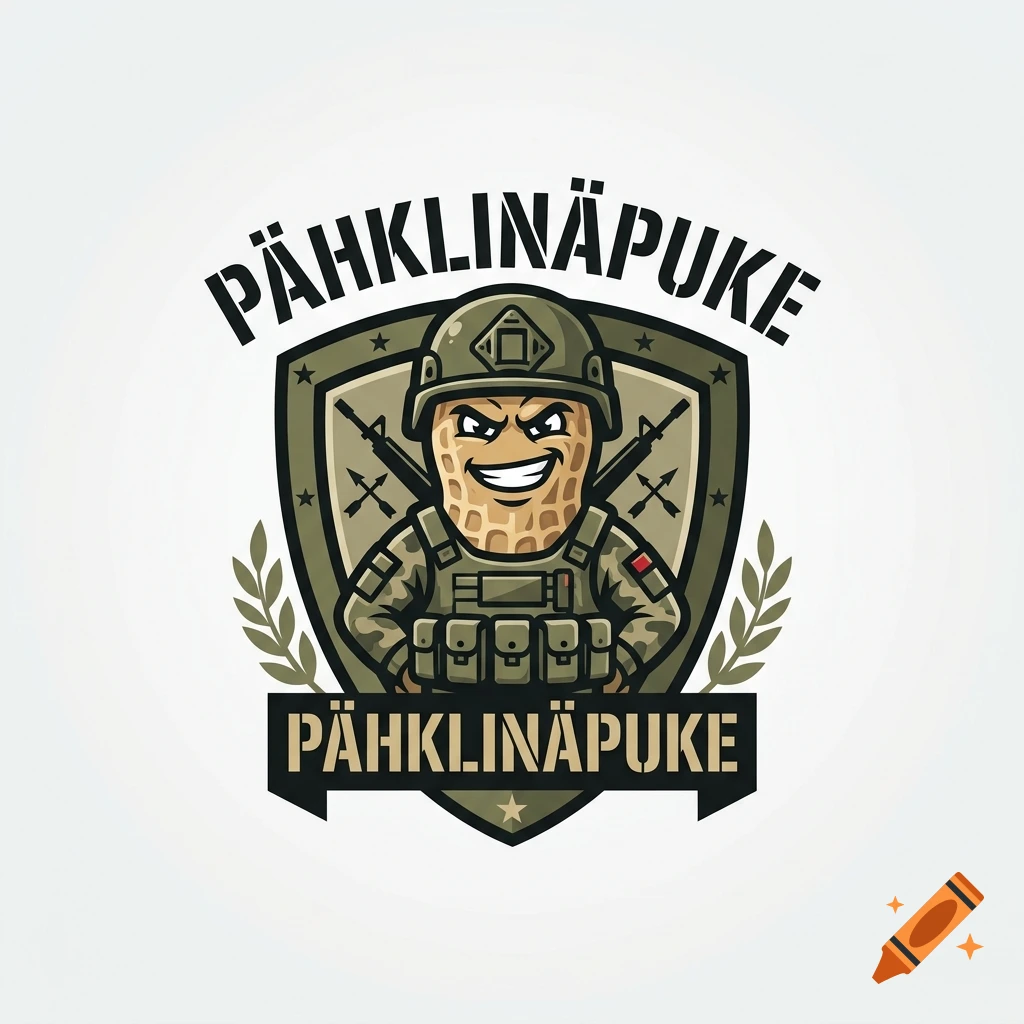 A cartoon emblem featuring an anthropomorphic peanut soldier in combat gear, flanked by rifles, a shield, and olive branches, with the text PÄHKLINÄPUKE above and below.