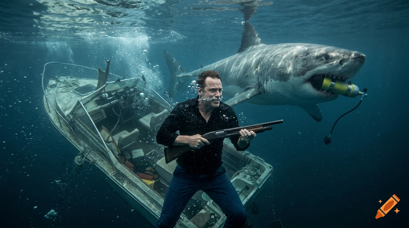 Photorealistic underwater scene of a man holding a shotgun near a sinking boat while a great white shark with an oxygen tank in its mouth swims by.