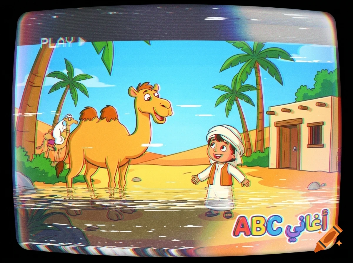 A cartoon illustration of a smiling boy in traditional attire and a camel standing near water in a desert landscape with palm trees and a building.