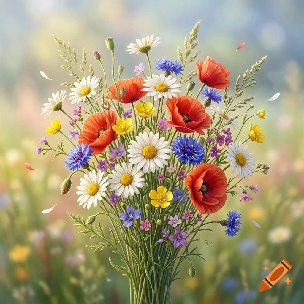 A vibrant bouquet of wildflowers including red poppies, white daisies, blue cornflowers, and yellow buttercups against a soft-focused natural background.