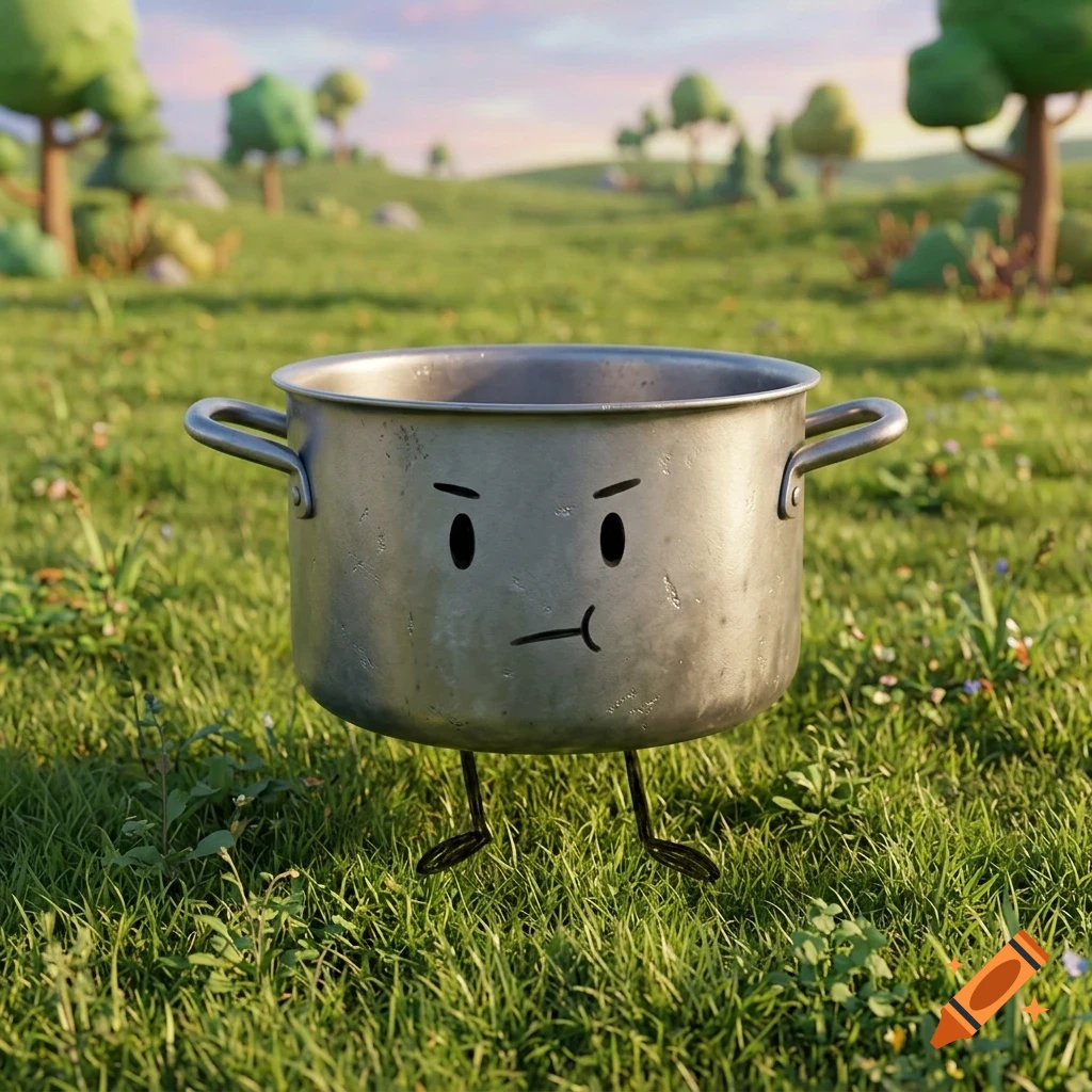 An anthropomorphic metal cooking pot with a grumpy face and spindly legs stands in a grassy field with rolling hills in the background.