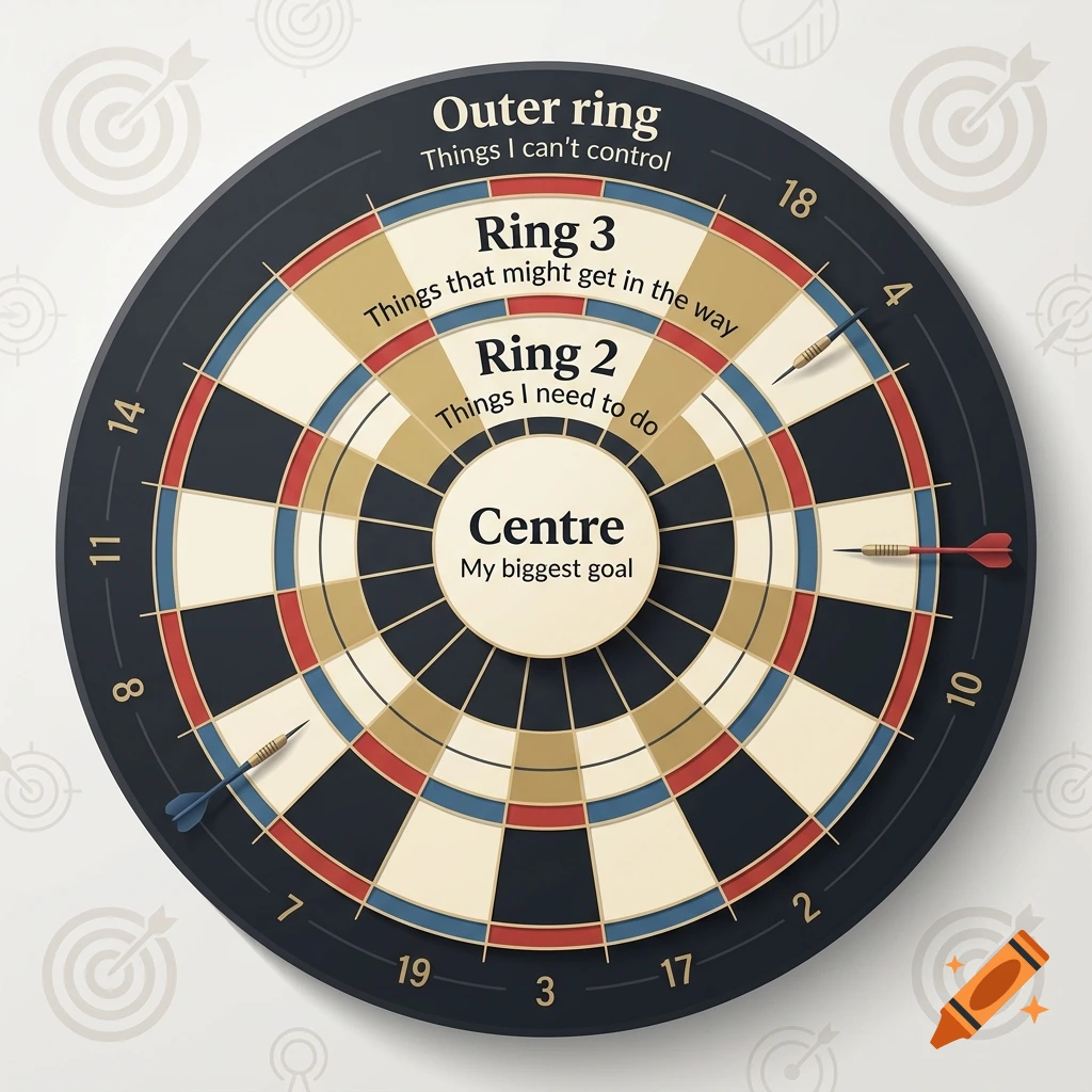 Digital illustration of a dartboard with goal-setting labels on each ring, including Centre, Ring 2, Ring 3, and Outer ring.