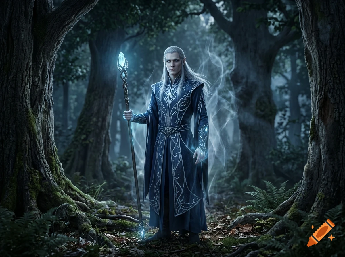 An elven sorcerer holding a glowing staff stands in a misty forest.