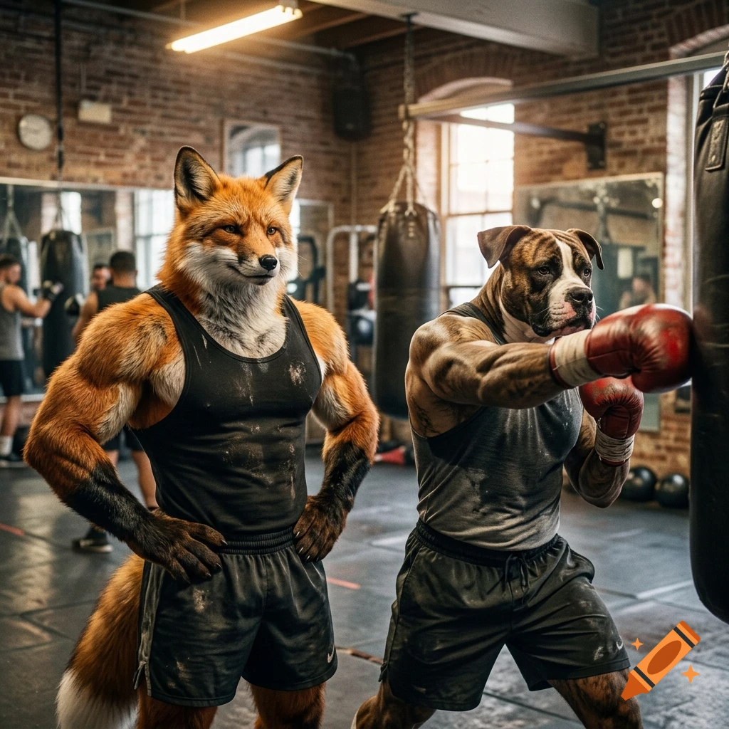 Photorealistic image of an anthropomorphic fox and a boxer dog with muscular builds working out in a gym.
