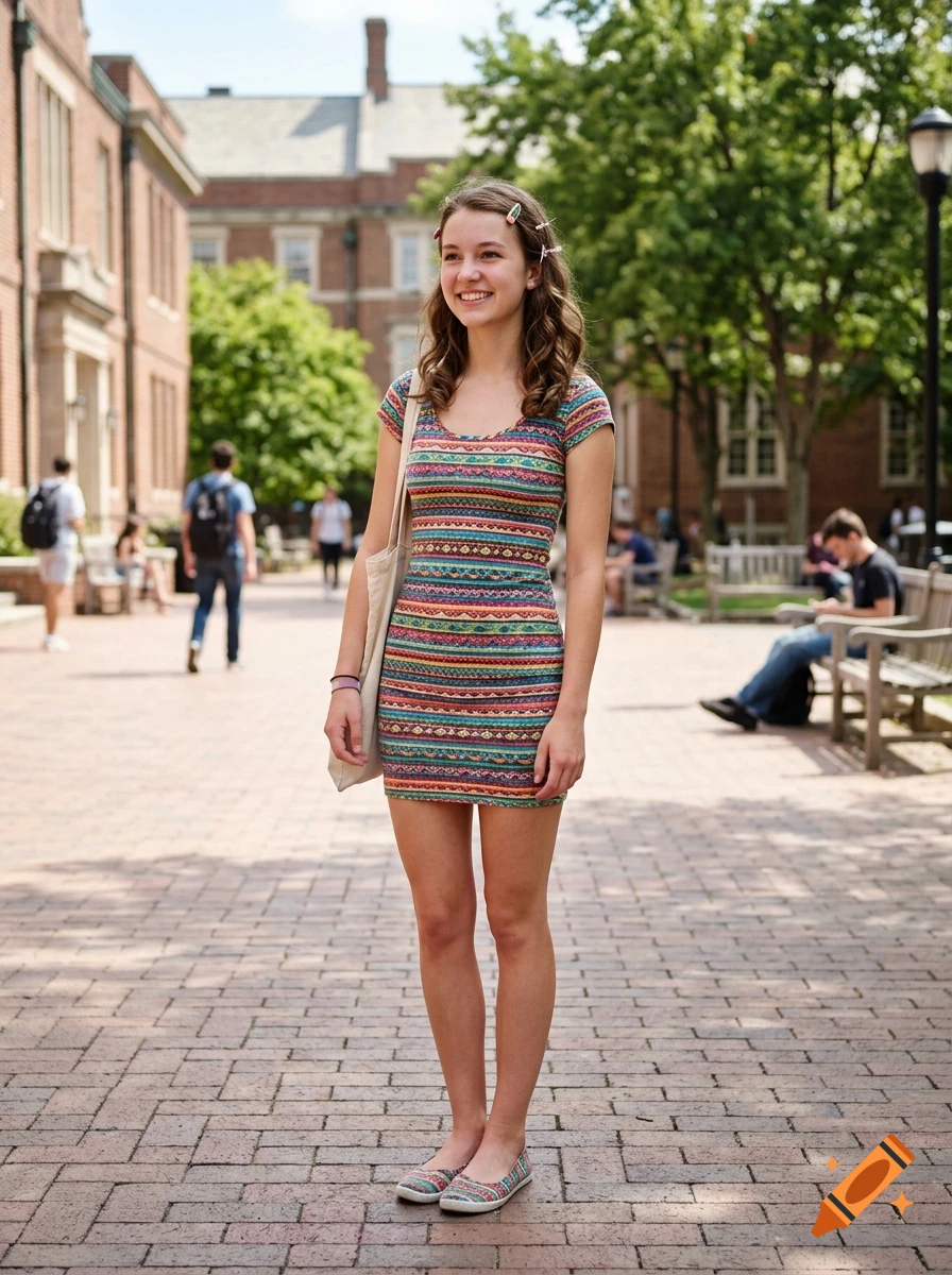 Photorealistic full-body shot of a smiling young woman standing on a brick campus walkway wearing a colorful patterned dress and hair clips.