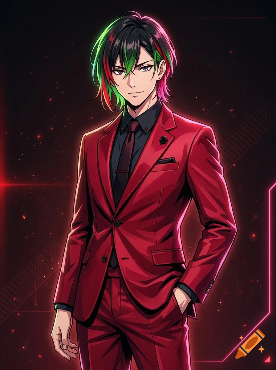 Digital anime style illustration of a young man with dark hair streaked with red and green, wearing a bright red suit and dark shirt against a dark background with red glowing lines and particles.