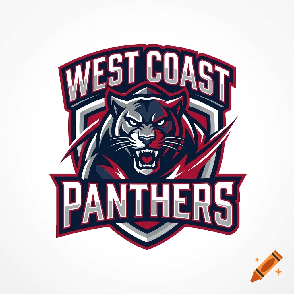 Sports team logo featuring a fierce panther head inside a shield with the text WEST COAST PANTHERS.