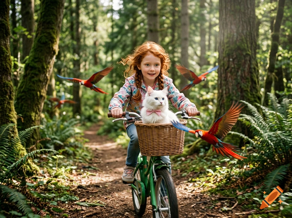 Photorealistic image of a red-haired girl riding a green bicycle through a forest, carrying a white cat in the basket, with parrots flying around her.