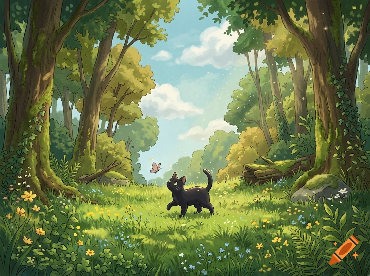 A black cat walking in a sunlit forest clearing, looking at a small butterfly amidst grass and wildflowers under a blue sky with white clouds.