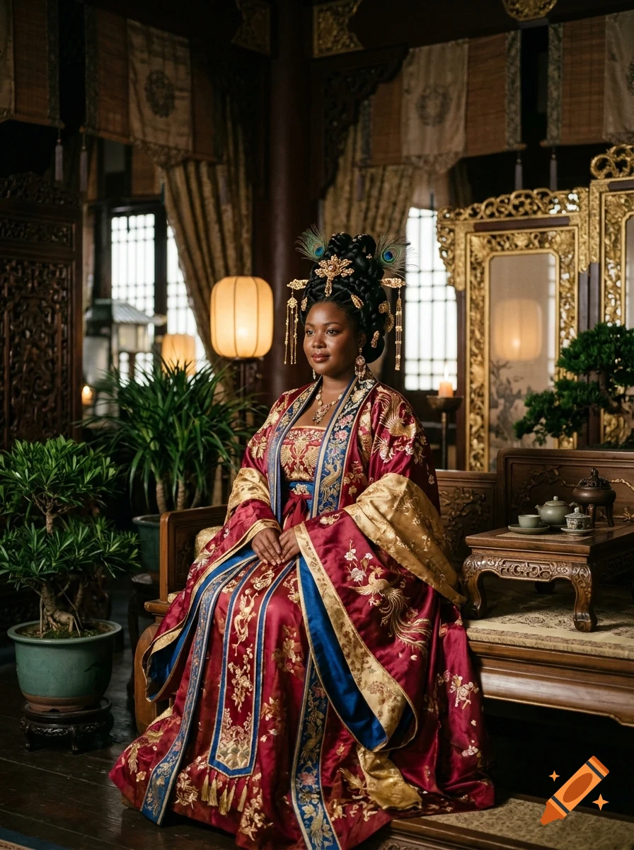 A person in historical East Asian attire and elaborate crown seated in a traditional interior.