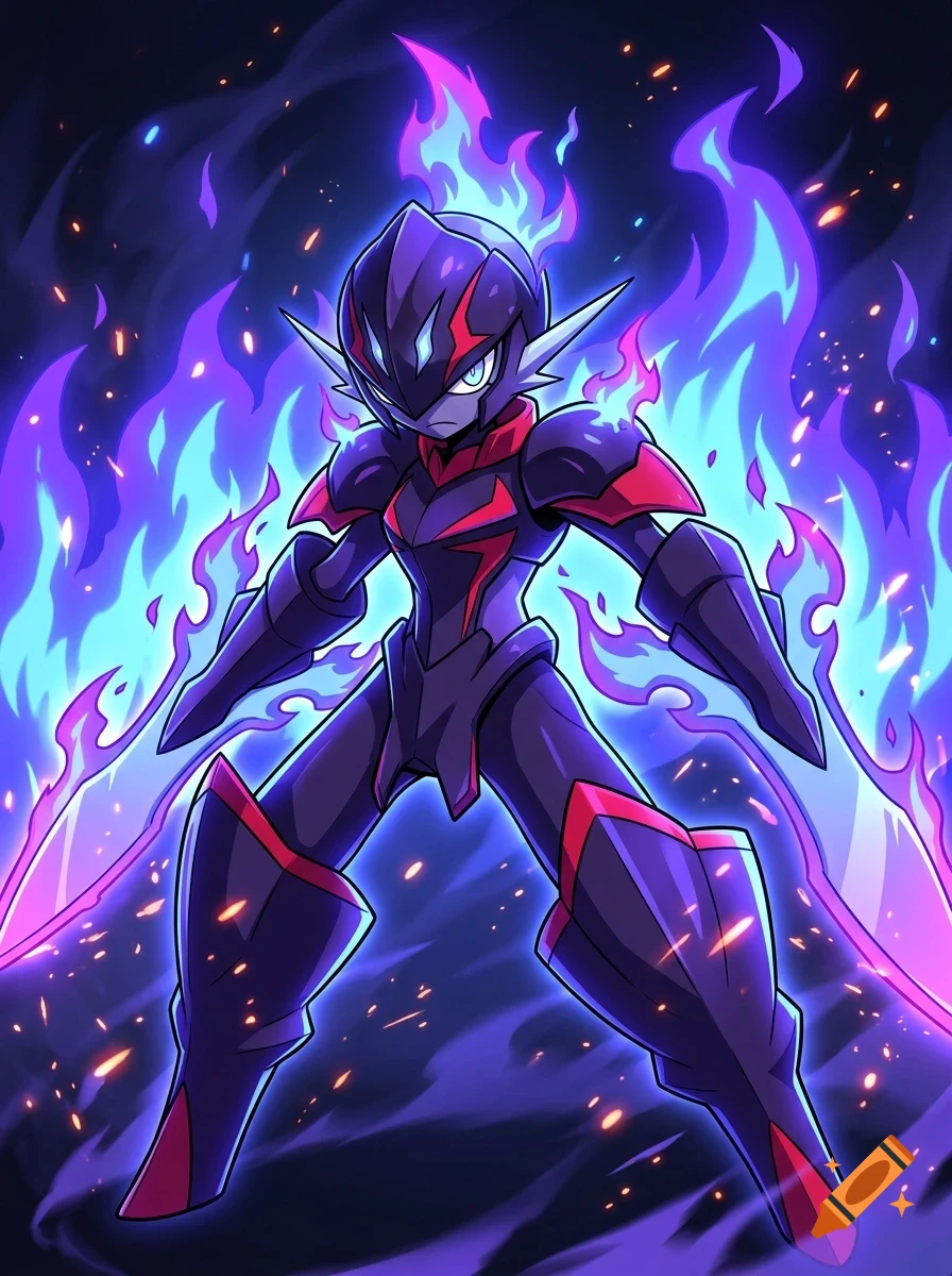 An armored futuristic warrior character surrounded by glowing blue and purple flames and holding glowing blades, in a dynamic anime art style.