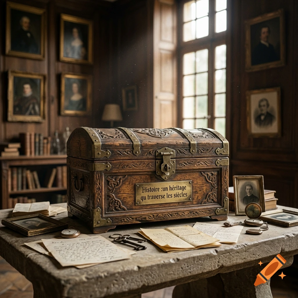 An ornate wooden treasure chest with a French label sits on a stone table in a study with portraits and books.