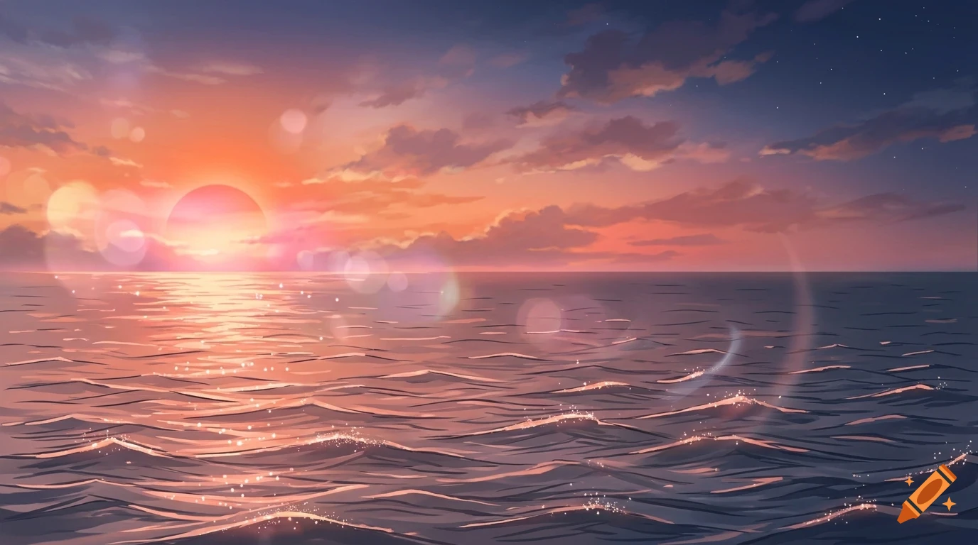 An anime-style digital painting of a glowing sunset over the ocean, with soft clouds, lens flare, and sparkling waves.
