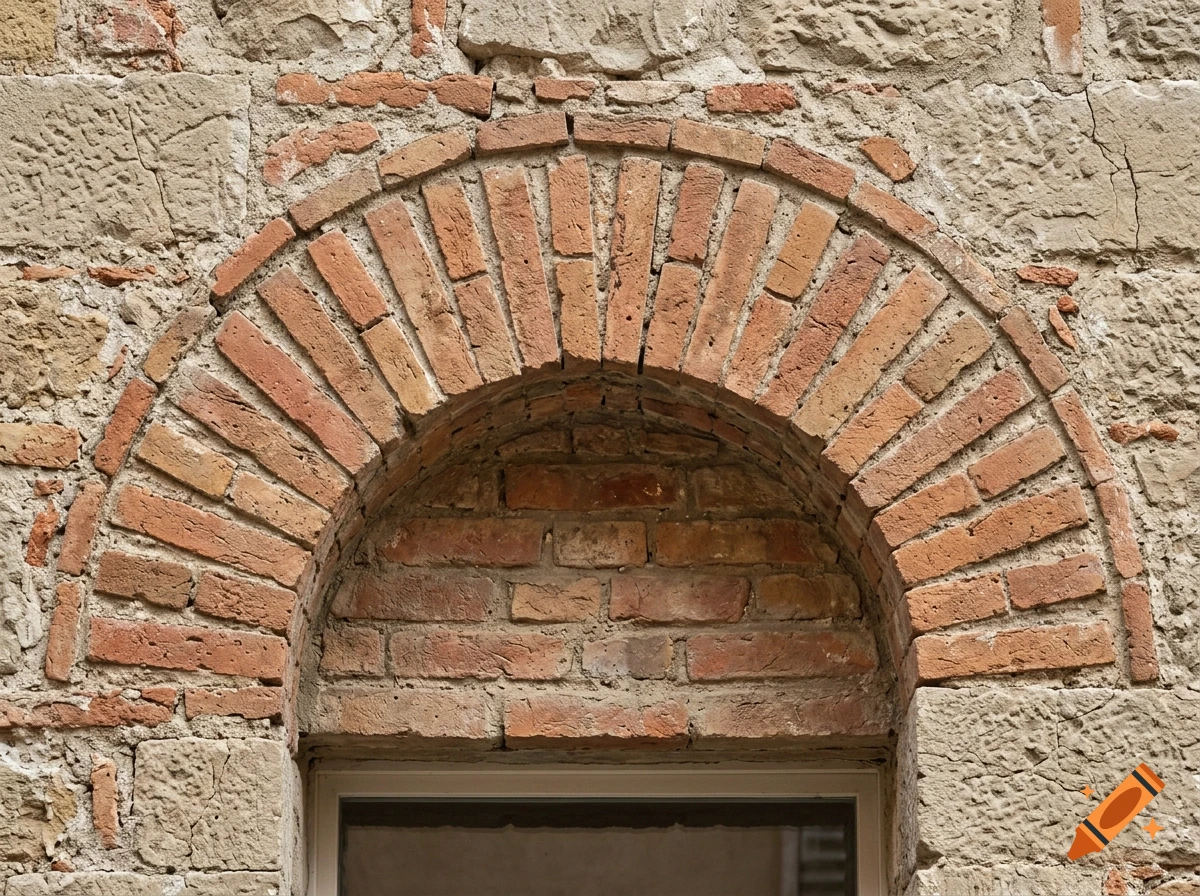 Close-up photograph of a semicircular brick arch above a window on a textured stone wall.