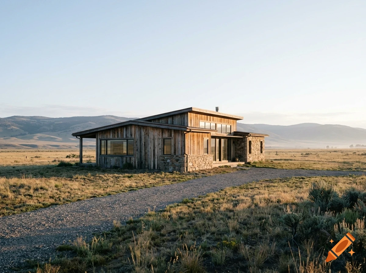 A modern single-story wooden and stone house situated in a wide open grassy plain under a clear sky, with distant hills and a gravel driveway in the foreground.