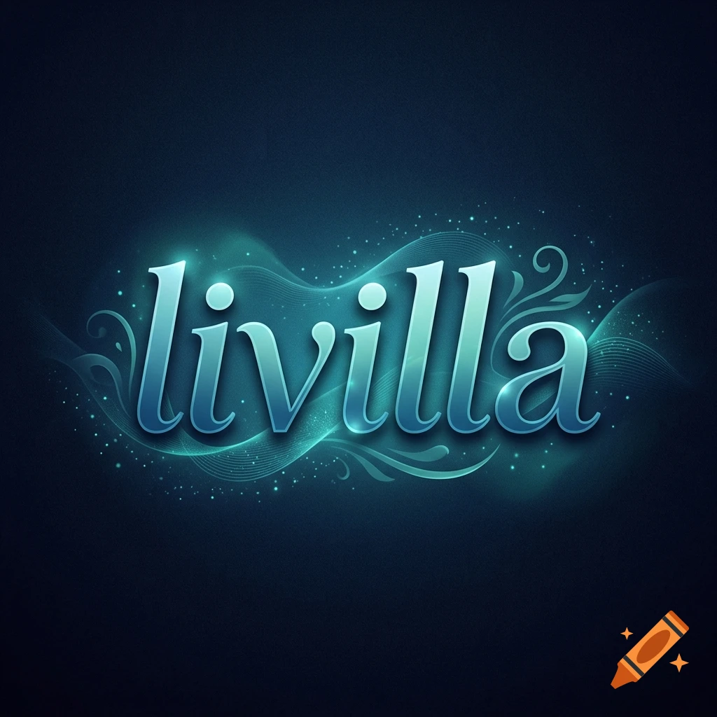 Blue-green glowing neon typography spelling 'livilla' on a dark textured background with abstract light trails.