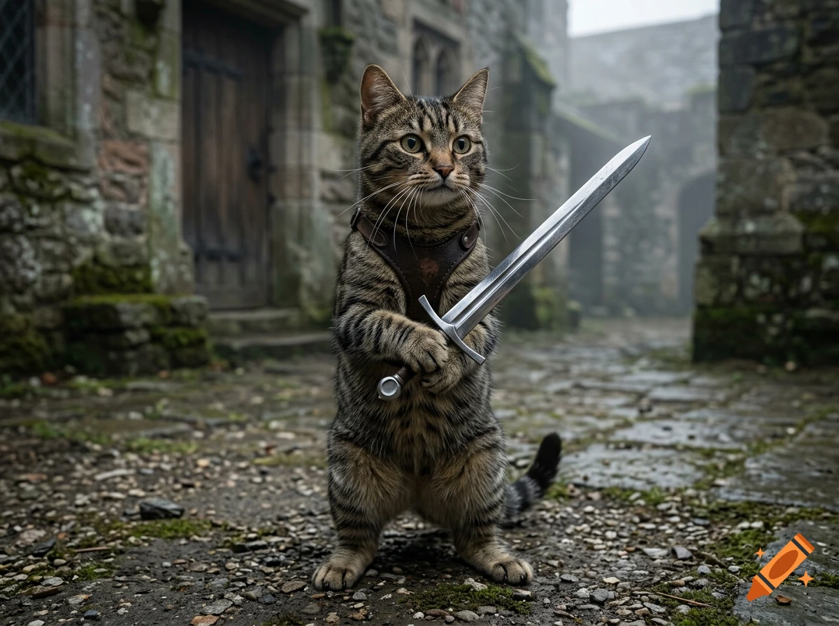 Photorealistic image of a tabby cat standing on its hind legs and holding a medieval sword in a castle courtyard.