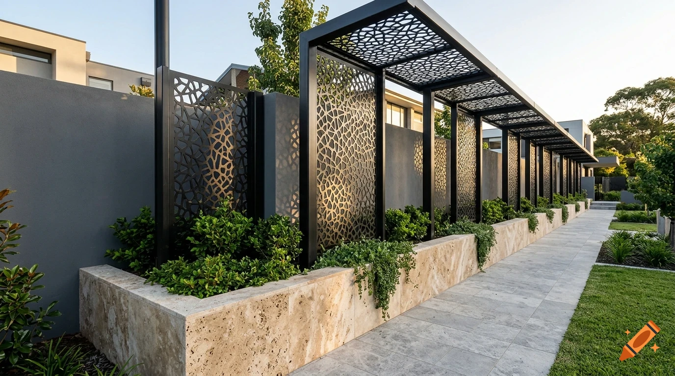 A modern outdoor corridor with a black metal pergola structure featuring decorative cut-out panels, stone planter boxes with green plants, and a paved walkway.