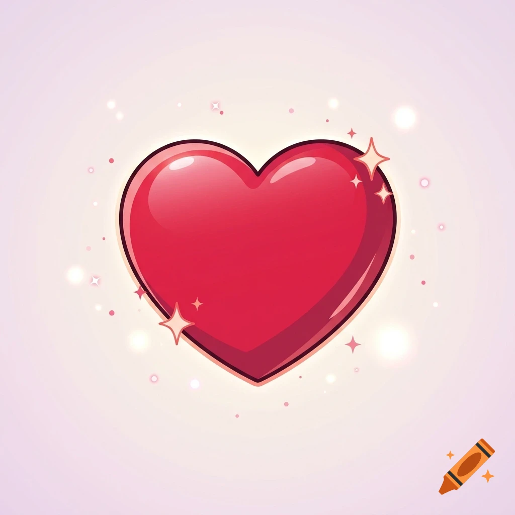 A glossy red heart illustration surrounded by subtle sparkles against a soft pink background.