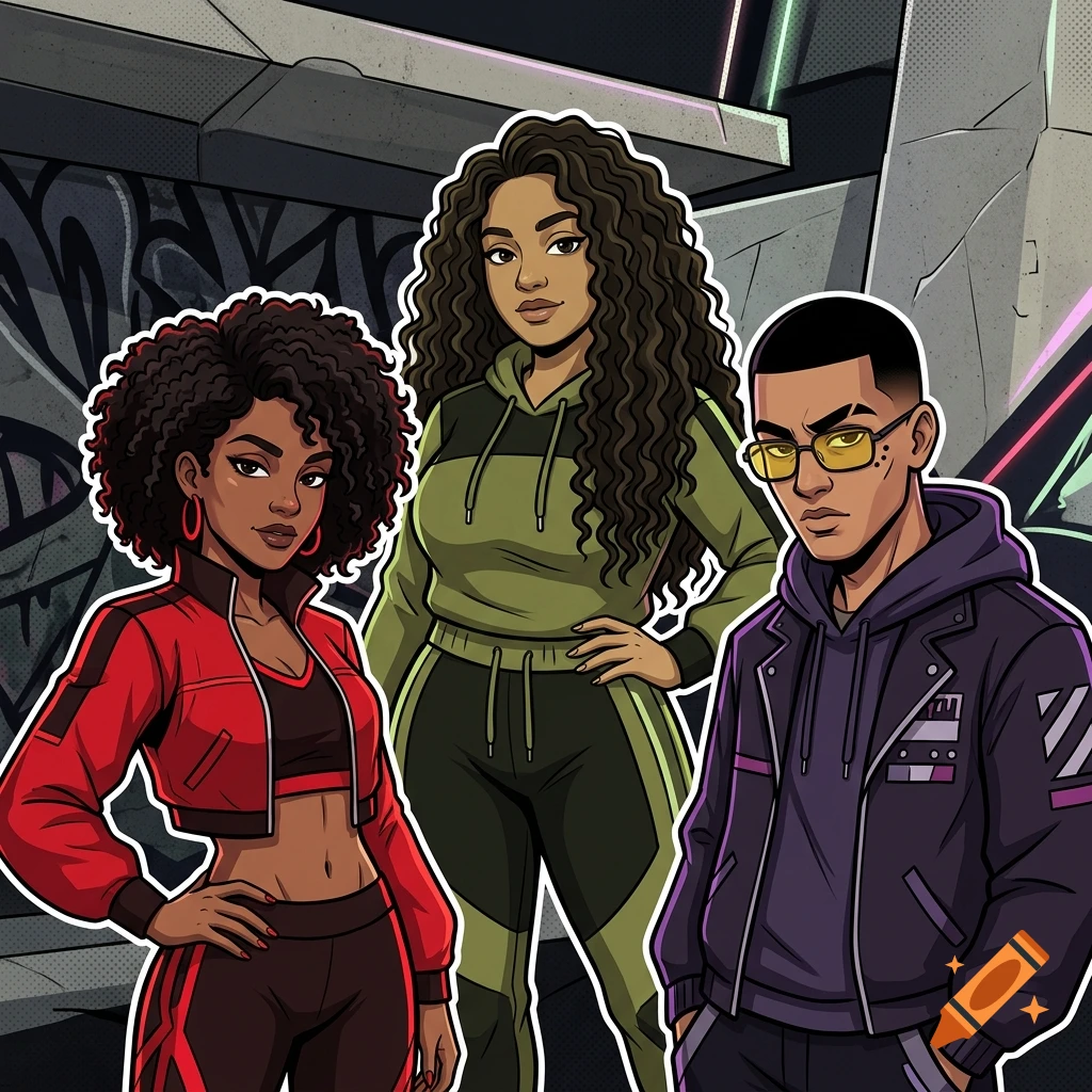 Graphic novel style illustration of an urban trio posing against a graffiti backdrop.