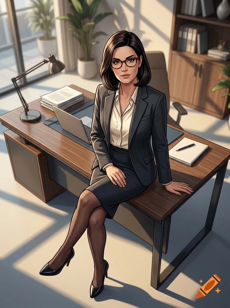 A woman in a business suit and glasses sits on the edge of an office desk, with a laptop and a lamp nearby.