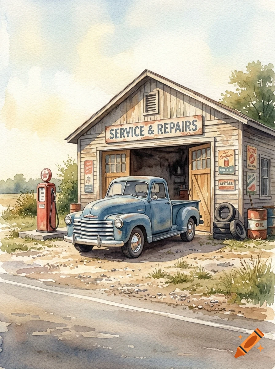 A vintage blue pickup truck is parked in front of a rustic service and repair garage with a red gas pump, old signs, and stacked tires in a watercolor style.