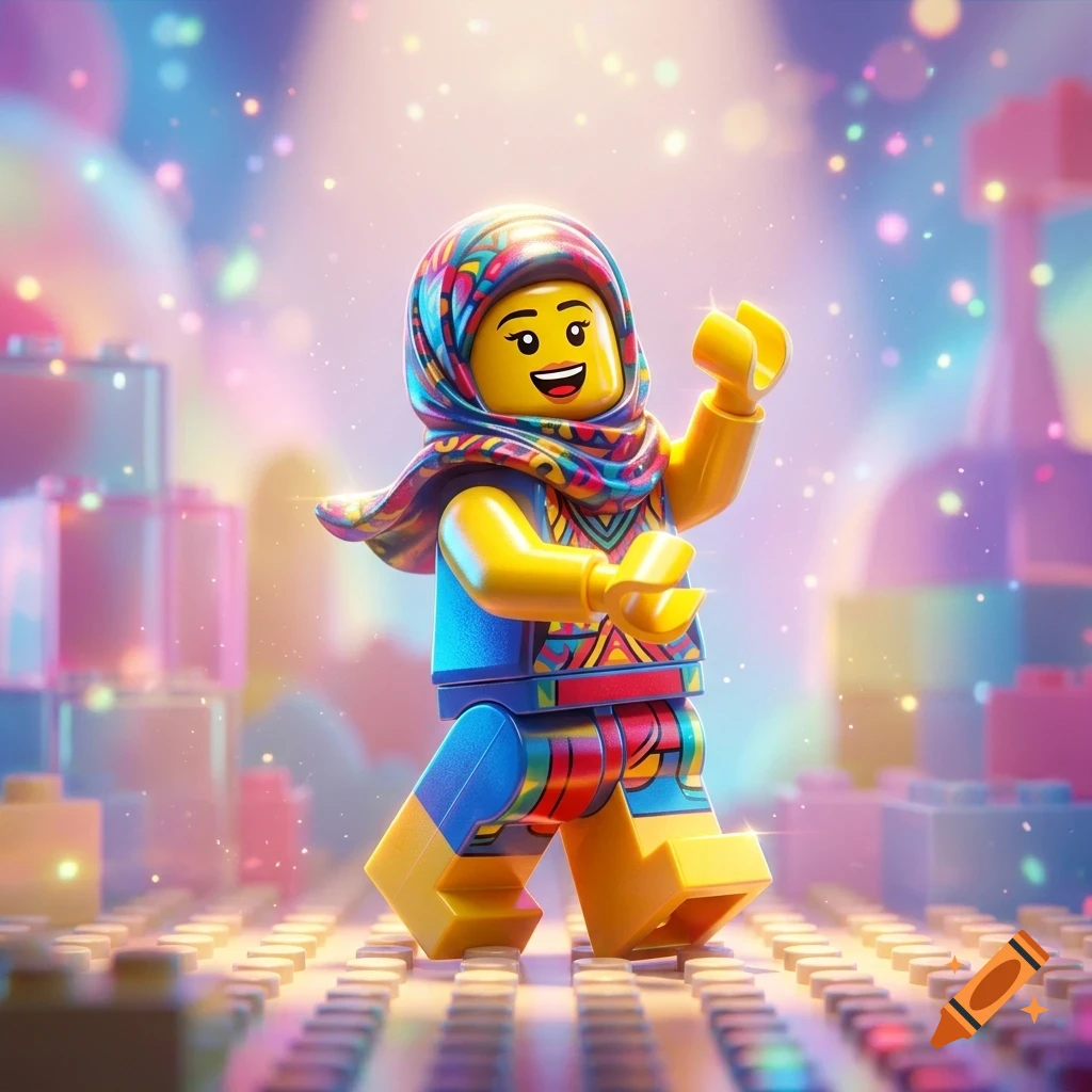 A joyful Lego minifigure wearing a colorful patterned hijab and matching outfit dancing on a floor made of toy bricks amidst a magical, glowing backdrop.