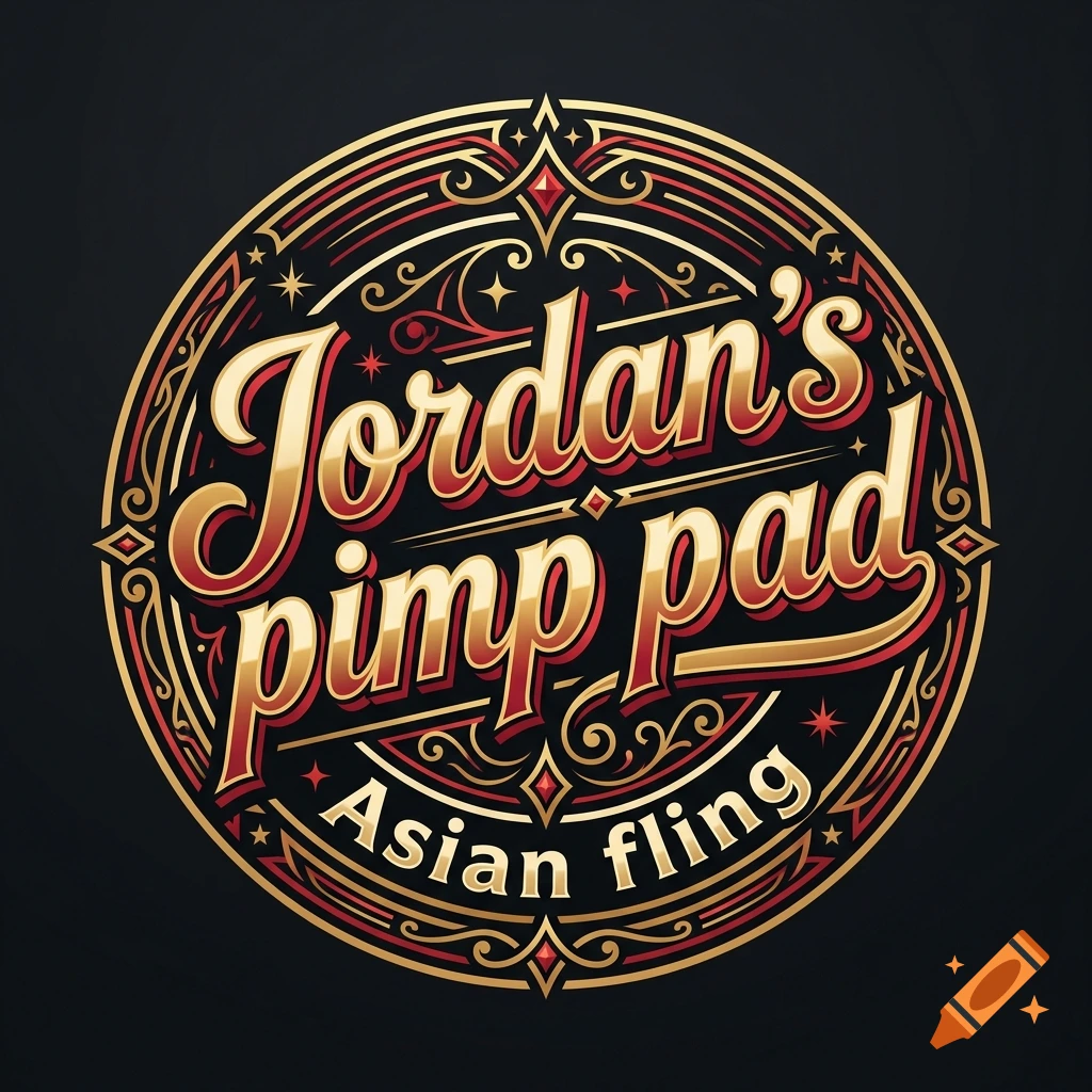 Round vintage-style decorative gold and red logo with text reading 'Jordan's pimp pad Asian fling' on a dark background.