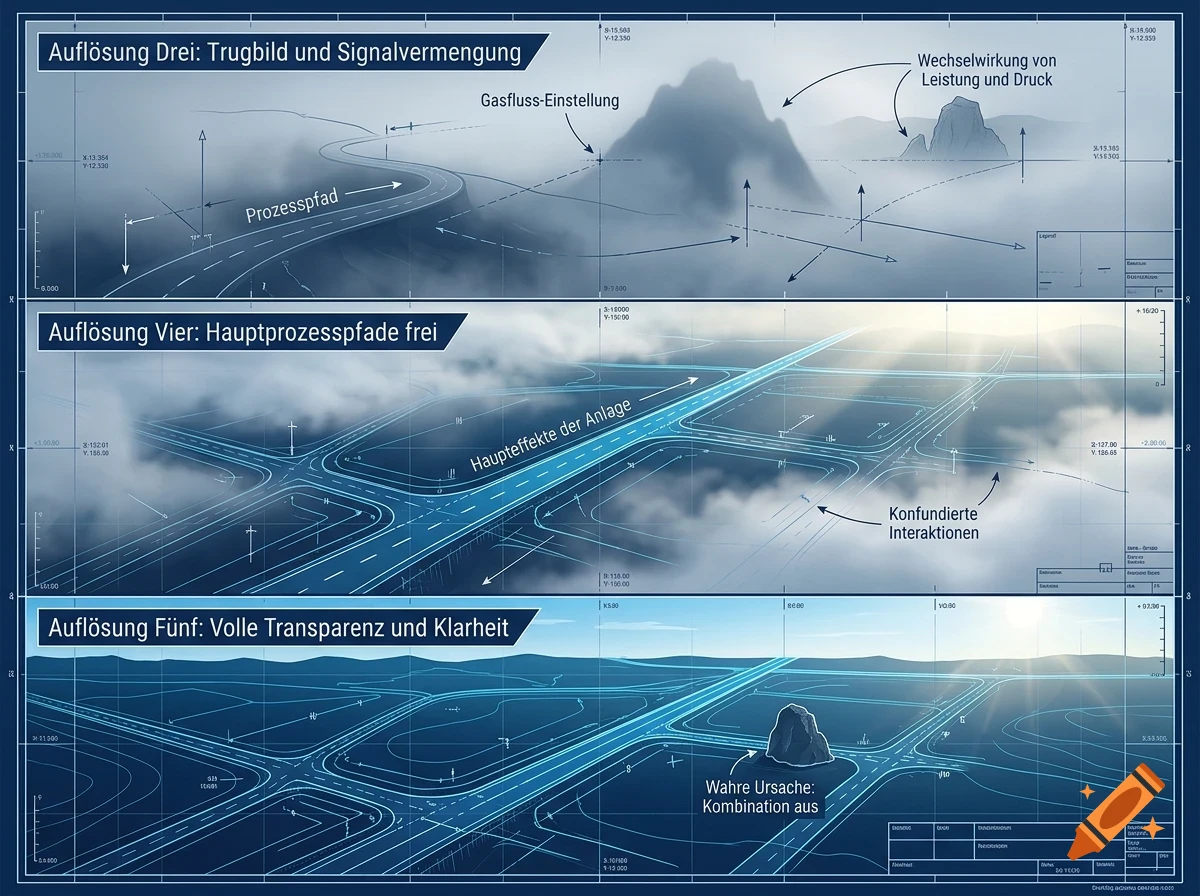 An instructional blue-toned diagram depicting three levels of process paths, roads, landscapes, and annotations in German.
