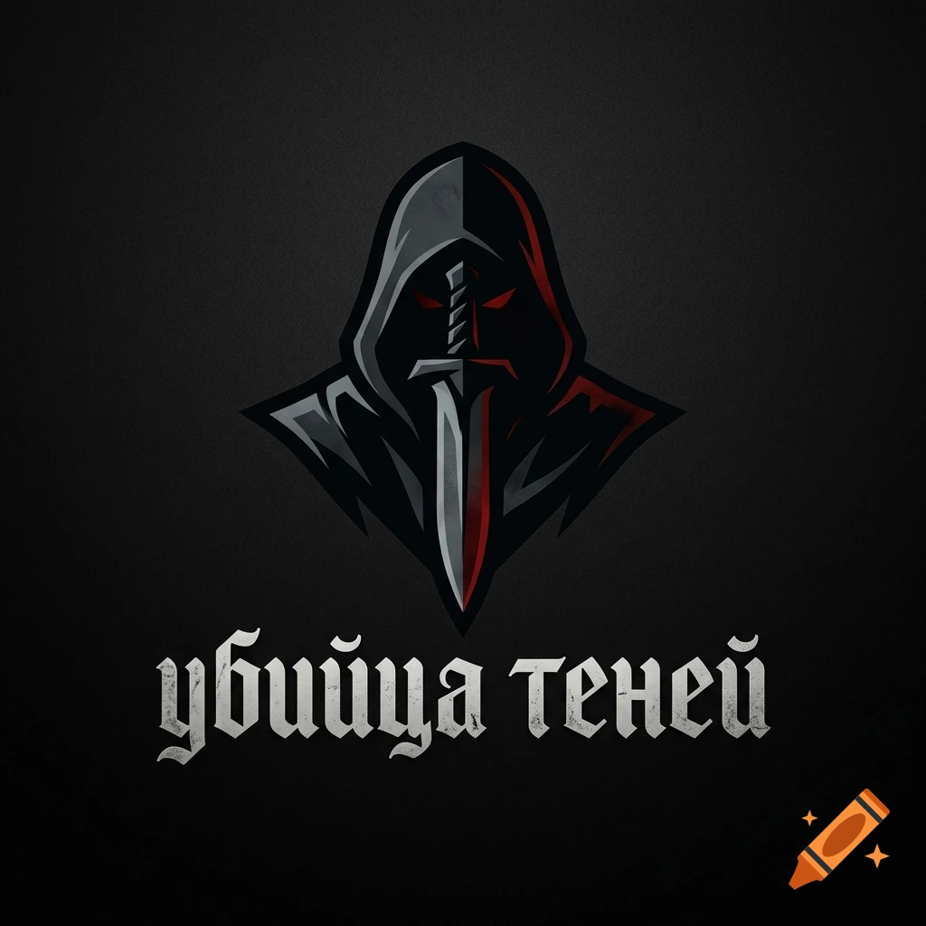 Dark assassin logo with a hooded figure holding a dagger and Russian text reading убийца теней below.