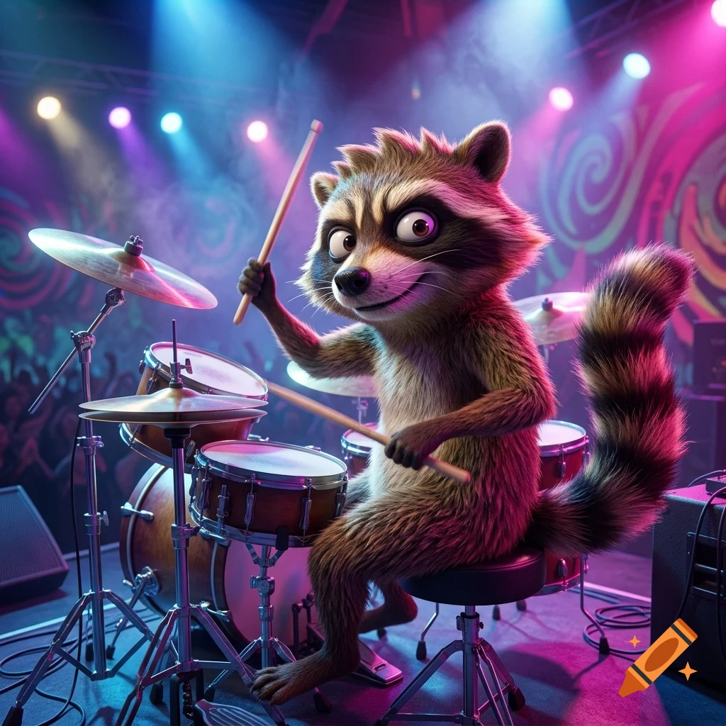An anthropomorphic raccoon sitting on a stool and playing a drum kit on a stage with colorful lighting.