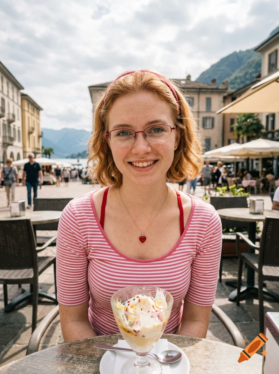 Photorealistic portrait of a young woman with red hair and glasses smiling at an outdoor cafe table with an ice cream sundae, lake and town in the background.