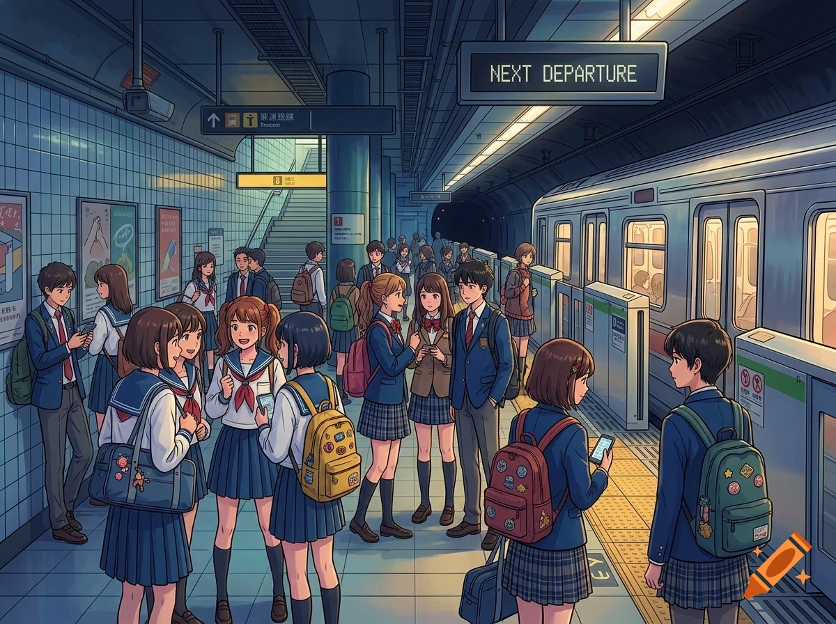 An anime-style illustration of students in school uniforms waiting on a subway platform next to a train.